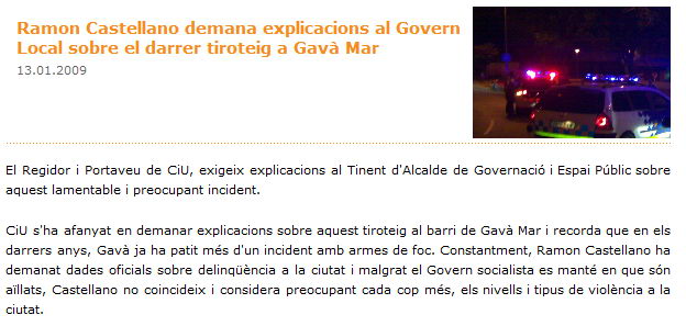 Noticia publicada en la web de CiU de Gavà sobre el tiroteo producido en Gavà Mar entre narcotraficantes (13 de Enero de 2009)